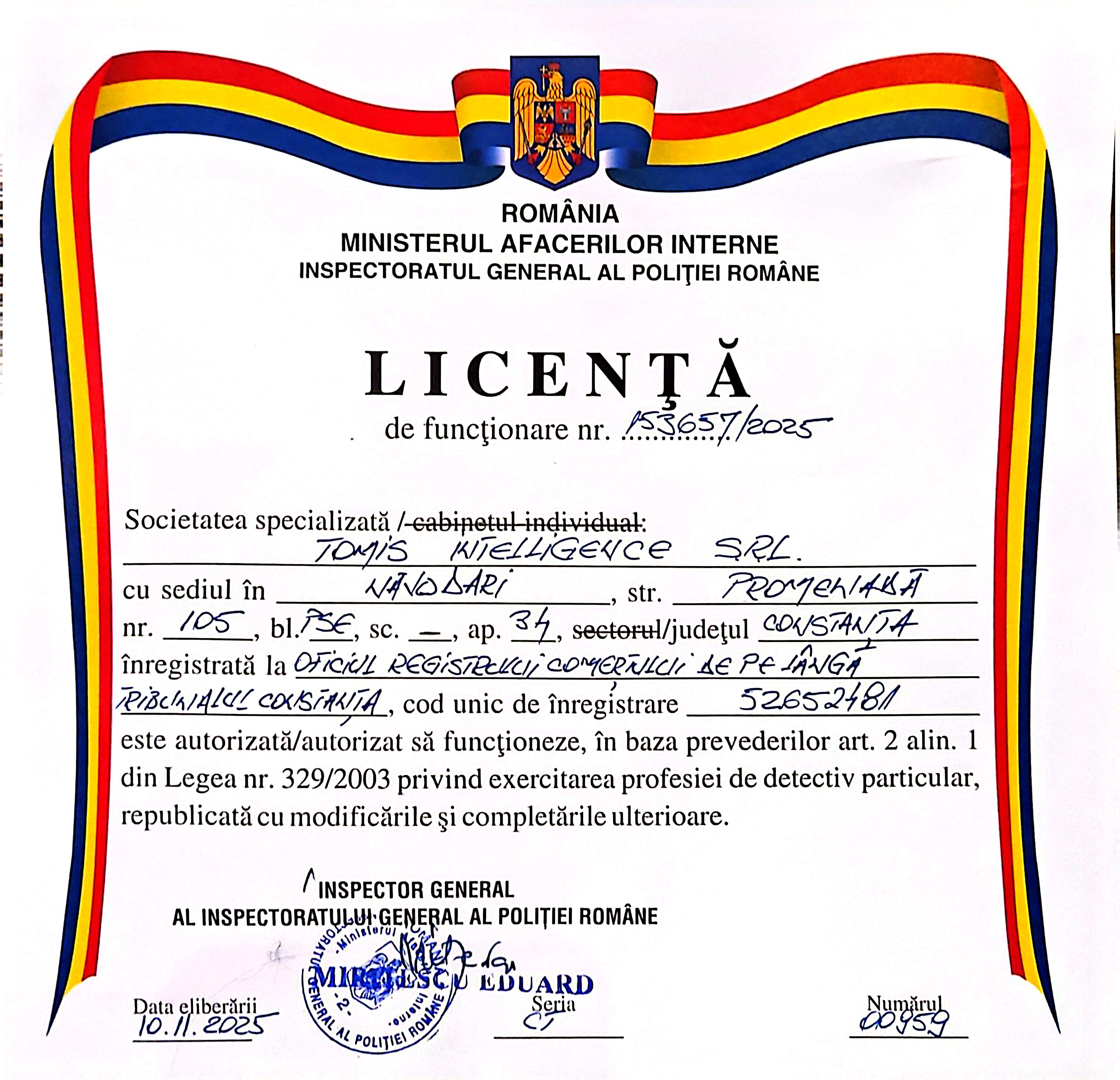 Licență IGPR - Conform Legii 329/2003